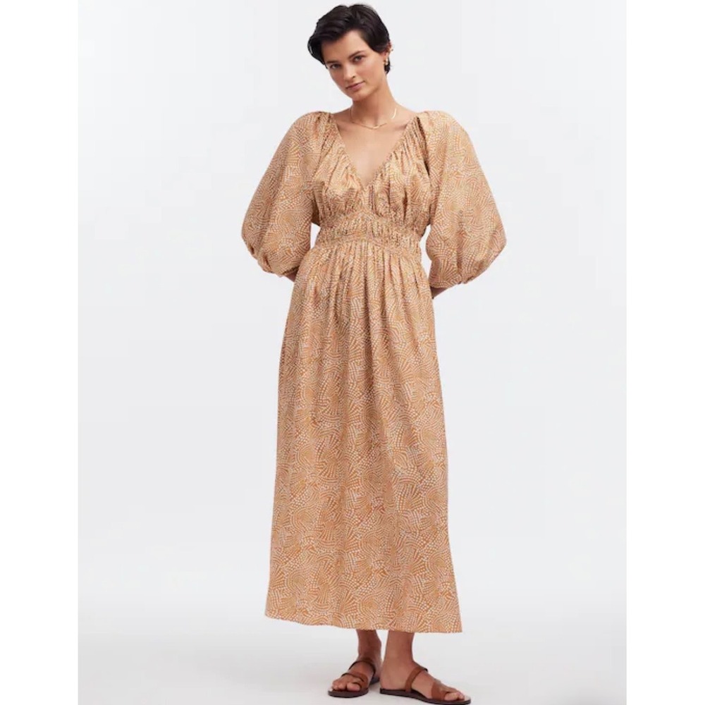 Madewell Vneck Balloon Sleeve Smocked Waist Maxi Dress Dotted Brown White Size 6 - Picture 7 of 12